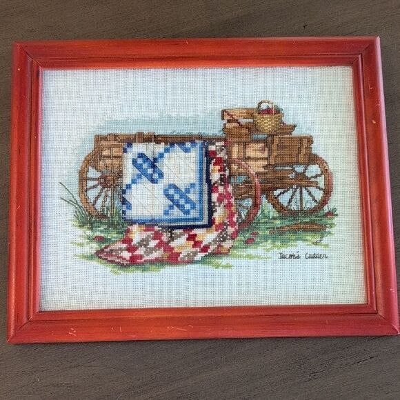 Vintage Jacob's Ladder Country Scene Cross-Stitch Art with Red Wood Frame - Picture 1 of 9